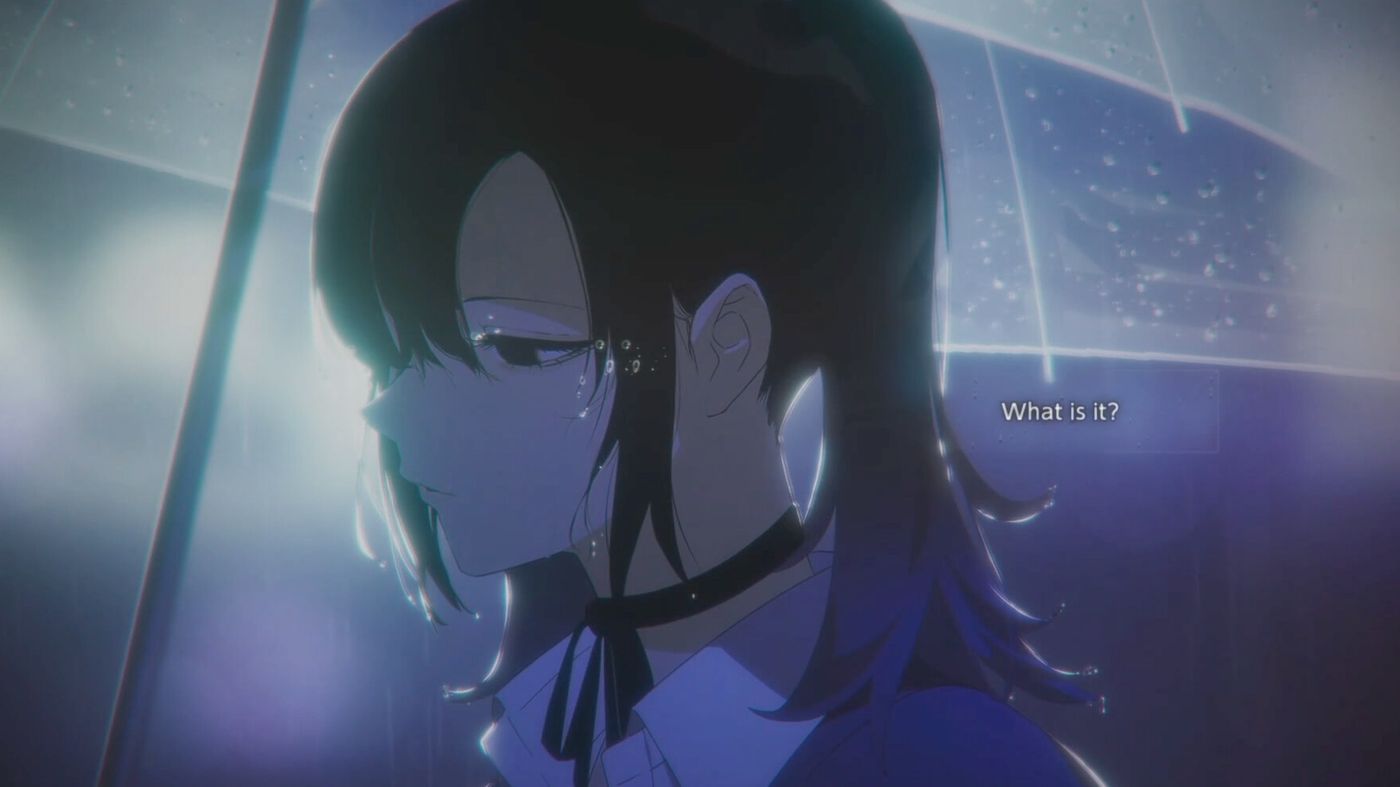 Official Rain98 screenshot: a blue-toned story scene from the demo